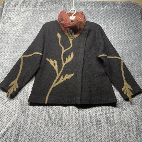 Covelo Wool Jacket XL Floral Embroidered Art Wear‎ Silk Collar Asymmetrical Zip - Picture 2 of 13